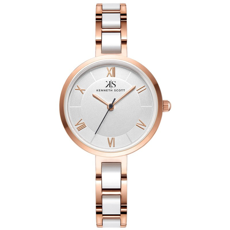 ساعة كينيث سكوت النسائية التناظرية ذات المينا البيضاء - K22521-KCWW