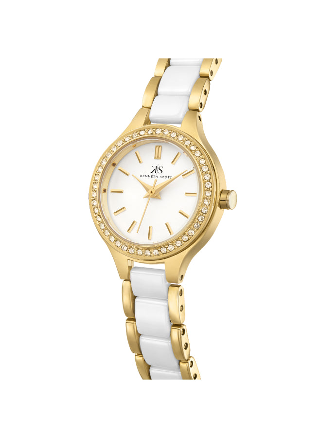 ساعة كينيث سكوت النسائية التناظرية ذات المينا البيضاء - K23509-GCWW