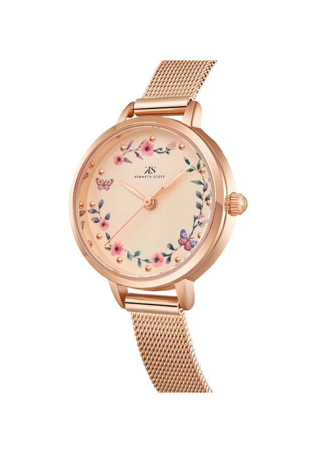 ساعة كينيث سكوت النسائية التناظرية ذات المينا الخوخية - K23512-RMKF
