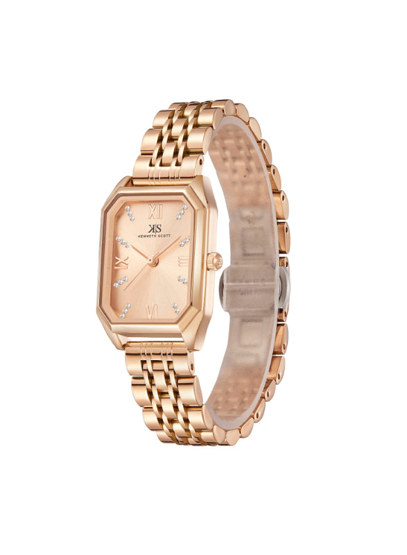 ساعة كينيث سكوت النسائية التناظرية ذات المينا الذهبي الوردي - K23519-RBKK