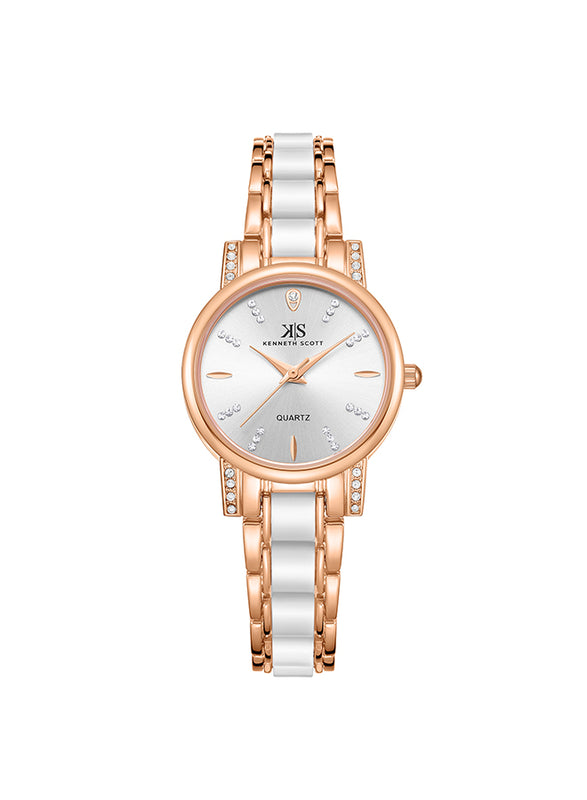 ساعة كينيث سكوت النسائية التناظرية ذات المينا البيضاء - K23547-KCWW