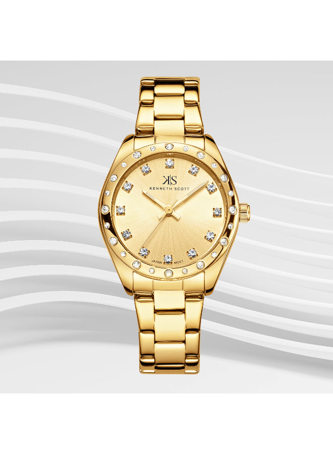 ساعة كينيث سكوت النسائية التناظرية ذات المينا الذهبية - K24509-GBGC