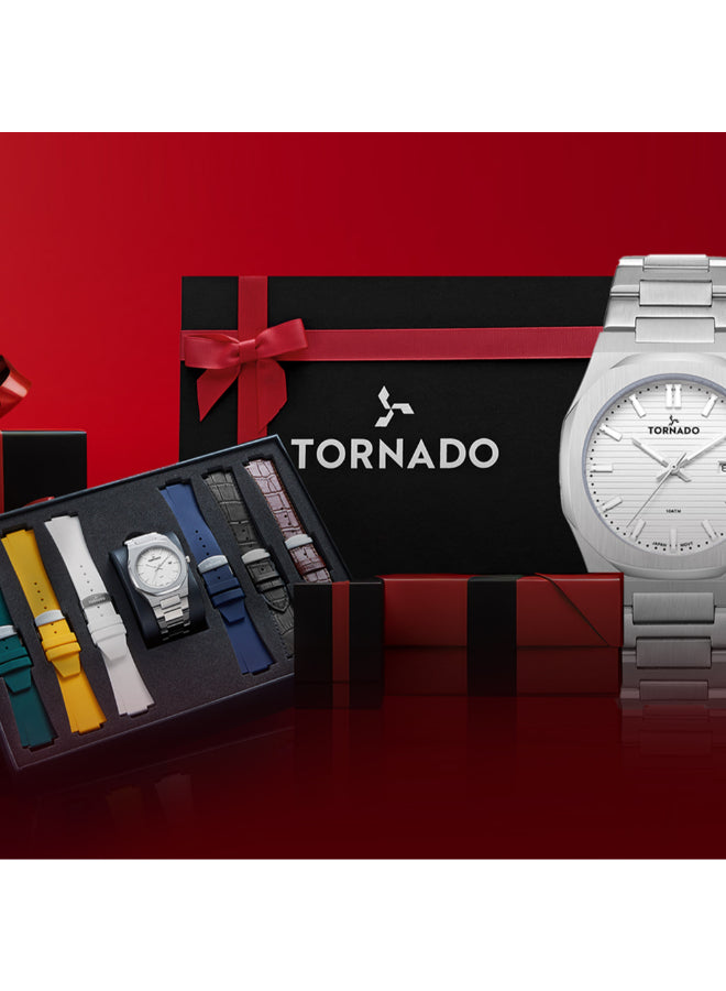 طقم هدايا تورنادو، ساعة رجالية تناظرية بمينا أبيض - T23006C-SBSW-S